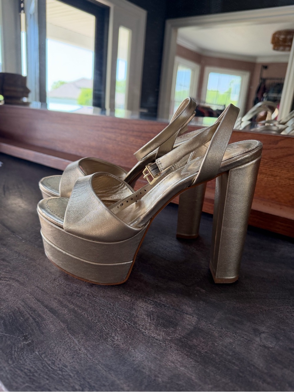 SCHUTZ Metallic Gold Platform Block Sandals - Picture 3 of 9